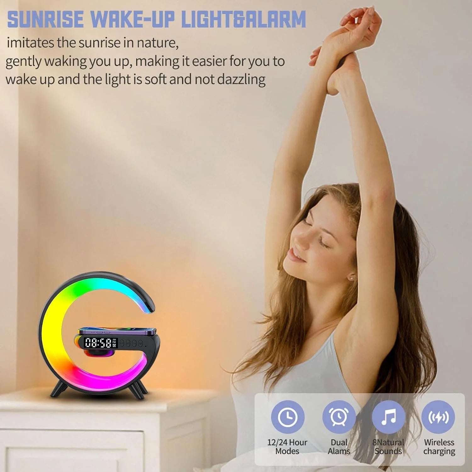 "Smart Wireless Charging Lamp with Bluetooth Speaker and Alarm Clock"