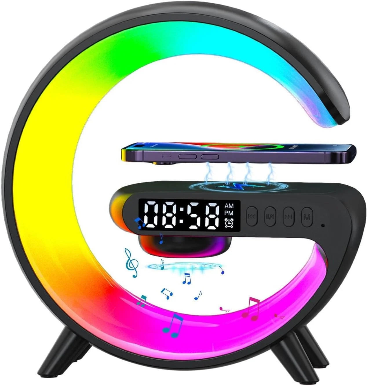 "Smart Wireless Charging Lamp with Bluetooth Speaker and Alarm Clock"