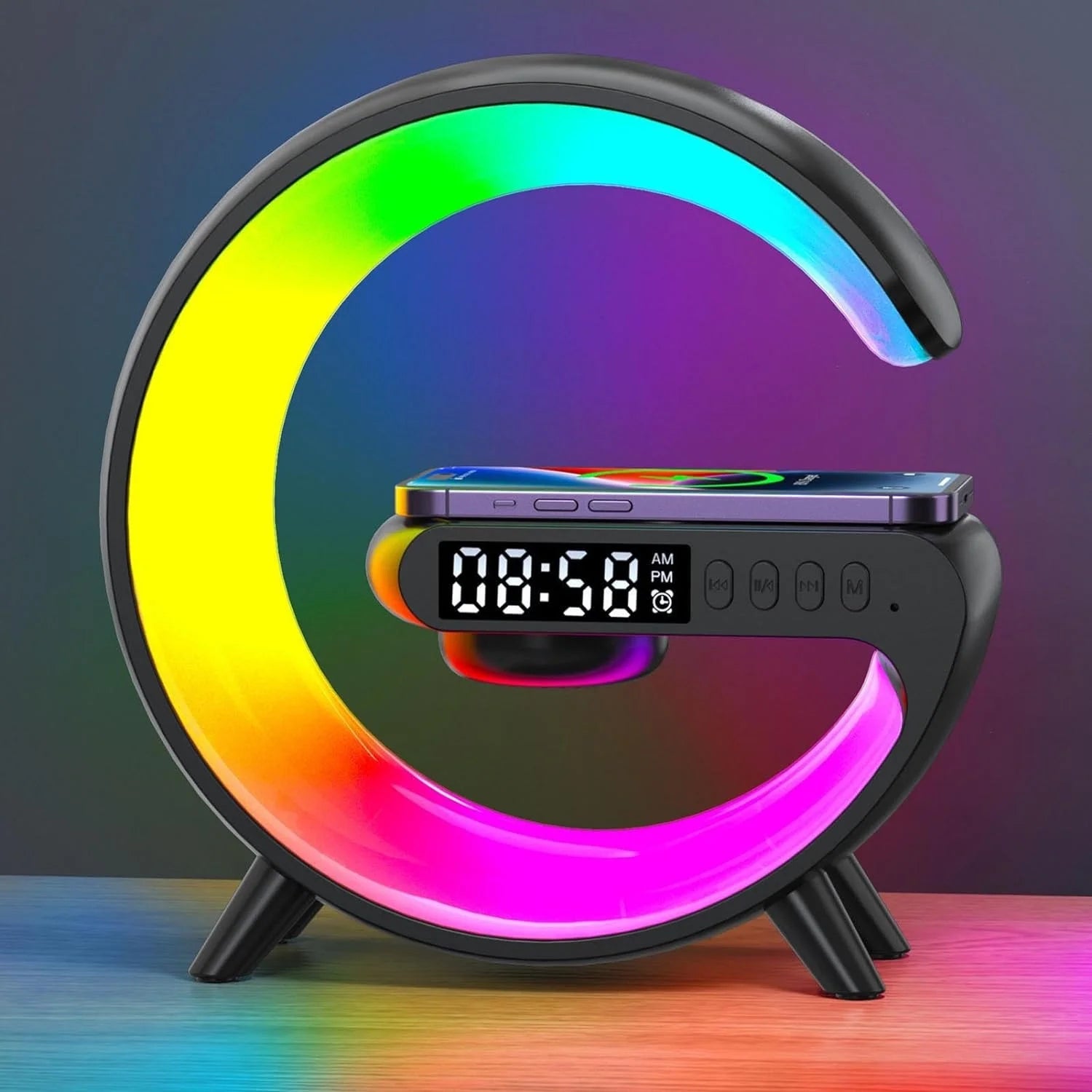 "Smart Wireless Charging Lamp with Bluetooth Speaker and Alarm Clock"