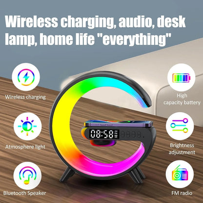 "Smart Wireless Charging Lamp with Bluetooth Speaker and Alarm Clock"